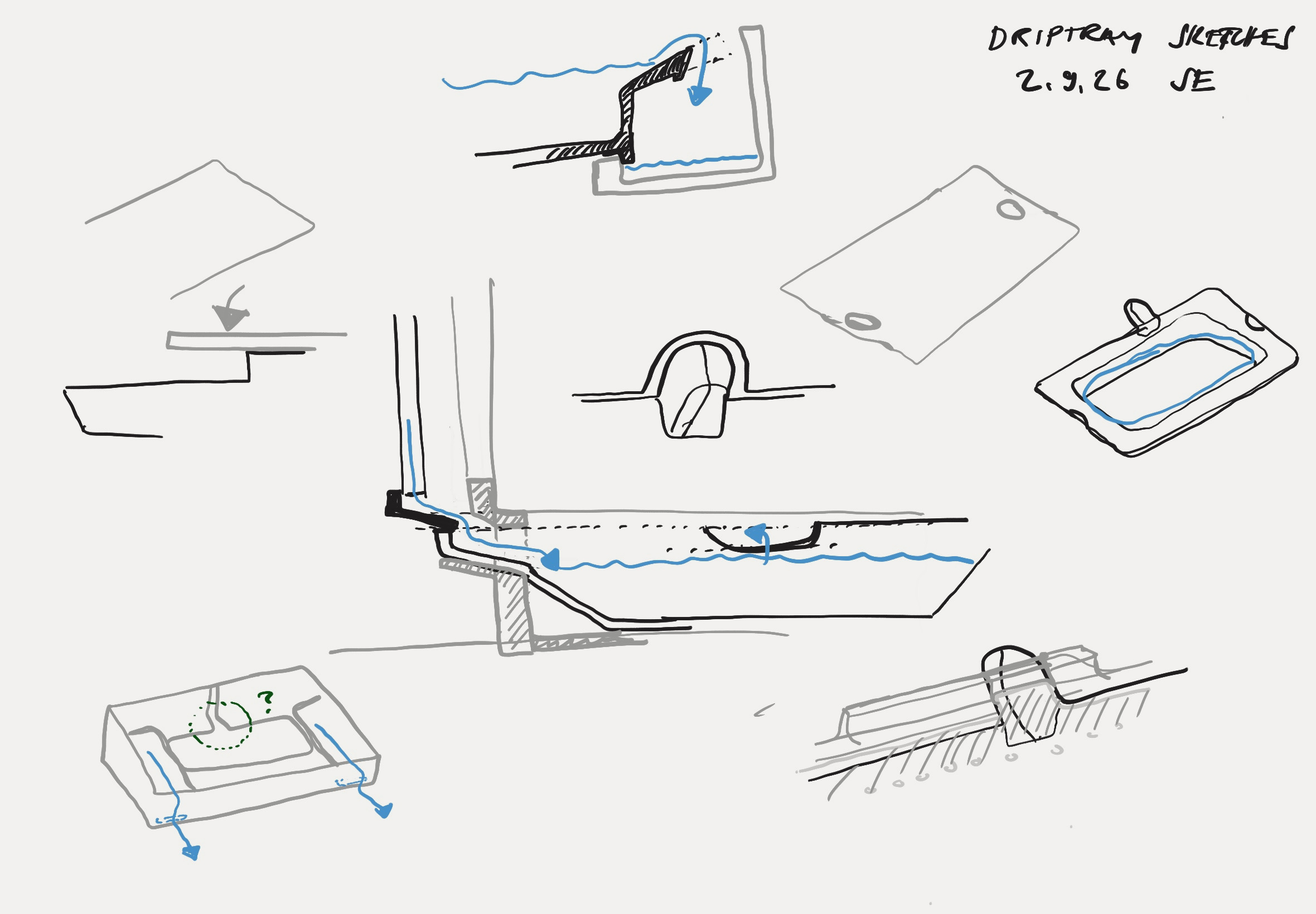 Sheet of drip tray sketches with water-path annotations