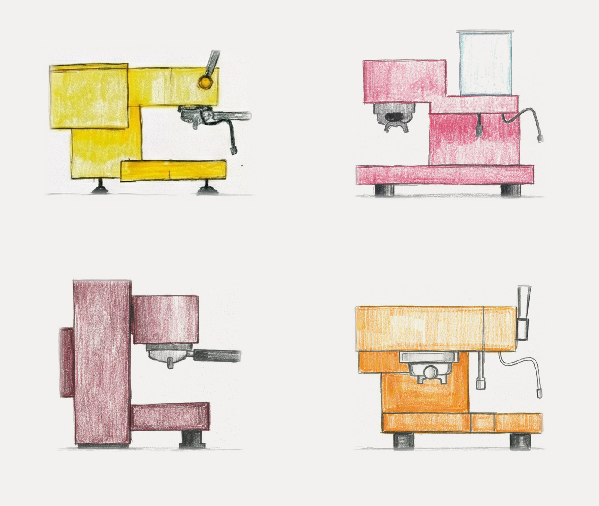 Four espresso machines drawn in coloured pencil — yellow, pink, burgundy, orange